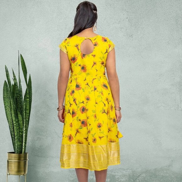 Elegant Yellow Silk Knee-Length Dress | Muvvas Boutique - Picture 6 of 6